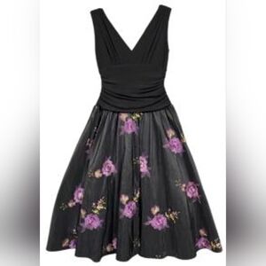 S.L. Fashions Black/Purple Floral Sleeveless Ruched Cocktail Party Dress, Sz 8!🍁